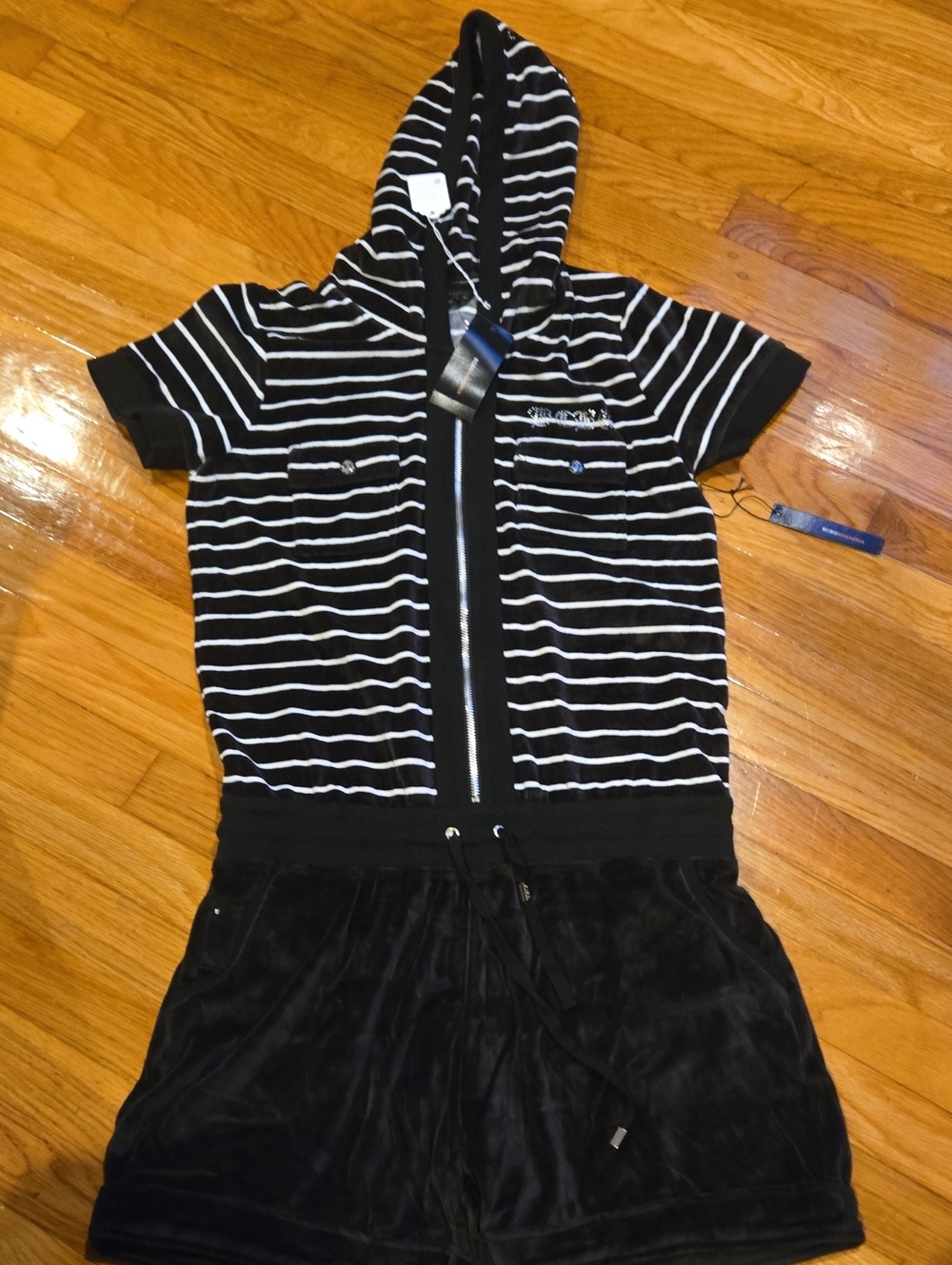 BCBGMAXAZRIA Striped VELVET Black & White Hooded Romper